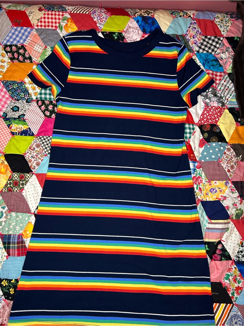SO Navy Rainbow Stripe Short Sleeve T-Shirt Dress